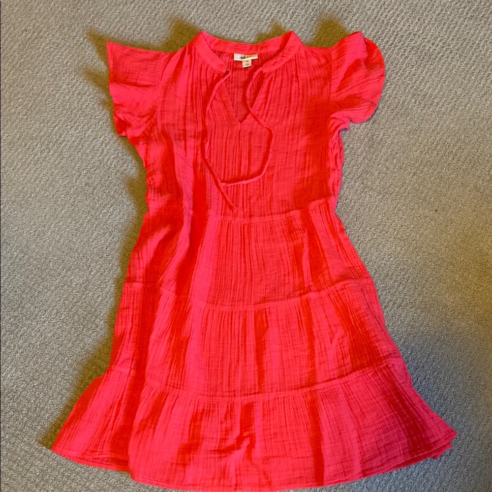 Soft cotton ruffle sleeve mini dress.